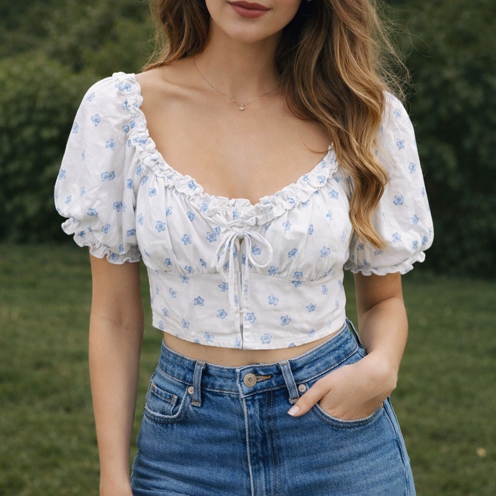 New! LA Hearts Linen Blend Floral Corset Top Milkmaid Ruffles Size M